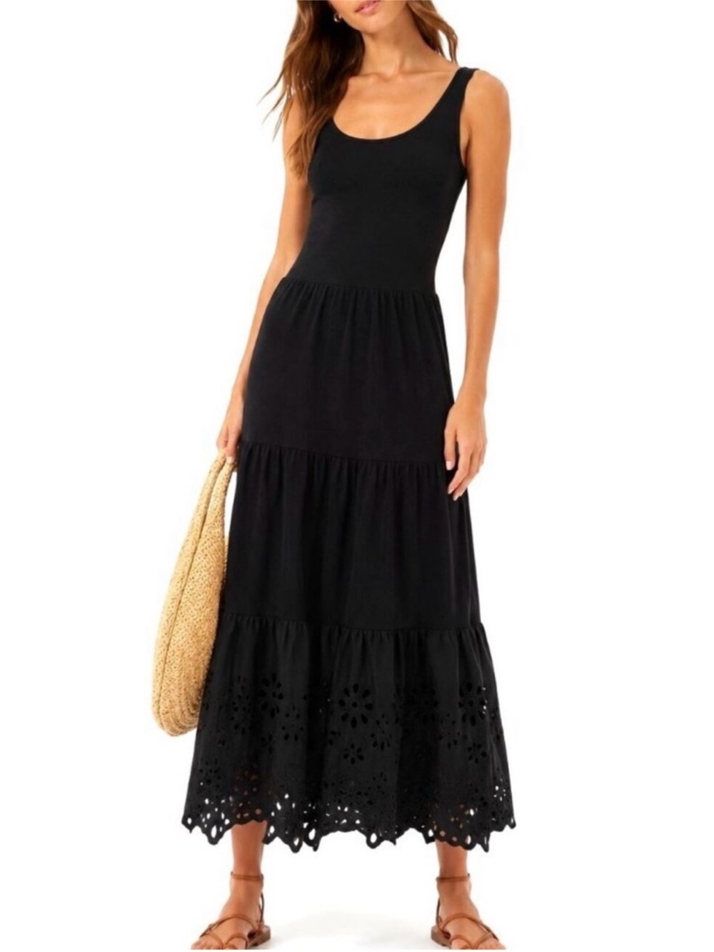 J Crew Black Eyelet Hem Tiered Maxi Dress XS